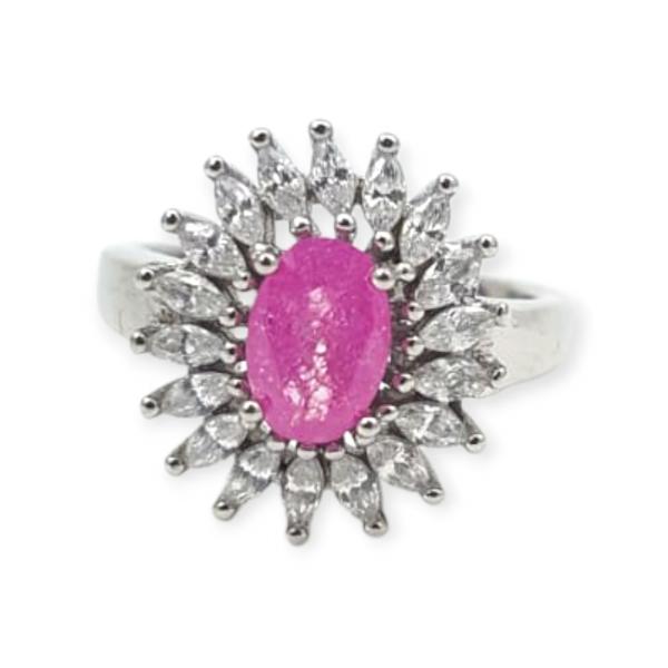 925 Sterling Silver Ring in Flower Shape with Beautiful Pink Stone